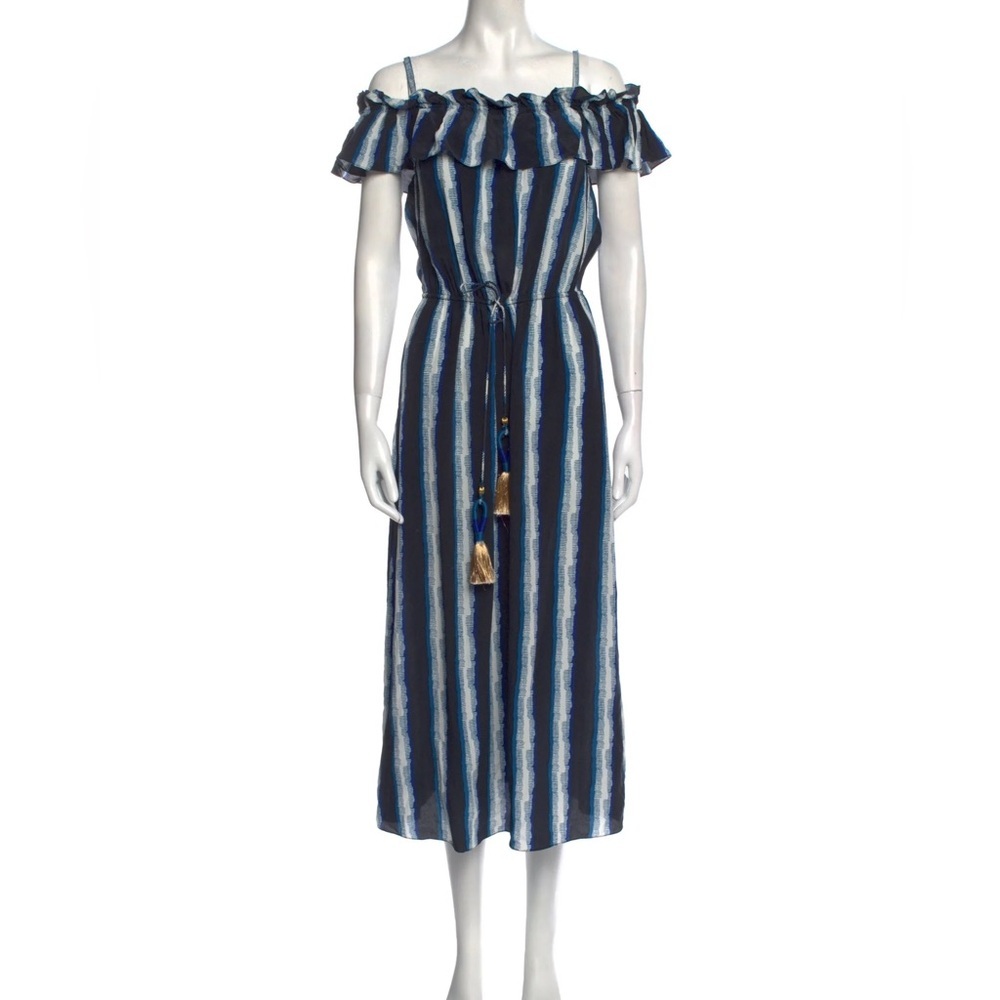 Figue 'Maya' Ruffle Sleeve Drawstring Waist Maxi Blue Stripe Dress‎ Size Medium